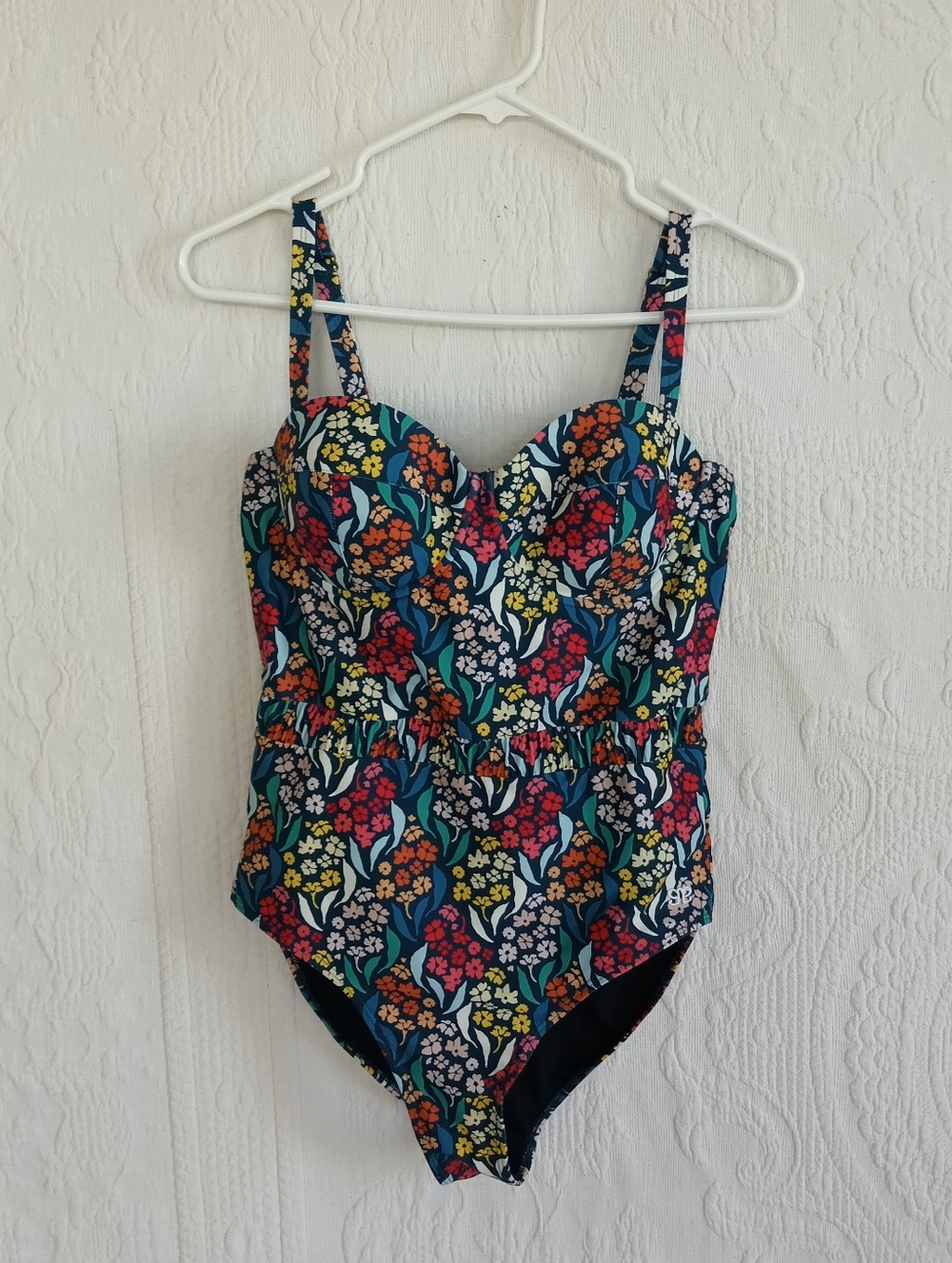 Albion Navy Floral One-Piece Swimsuit Molded Cups Cute Cottagecore Full Coverage - Picture 2 of 11